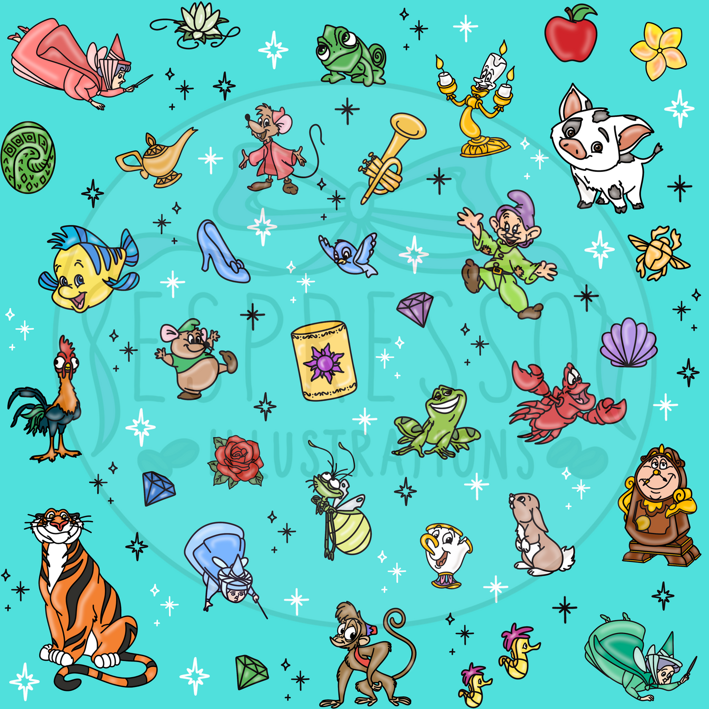 Disney Sidekicks Mashup Seamless Pattern *BLACK OUTLINE*