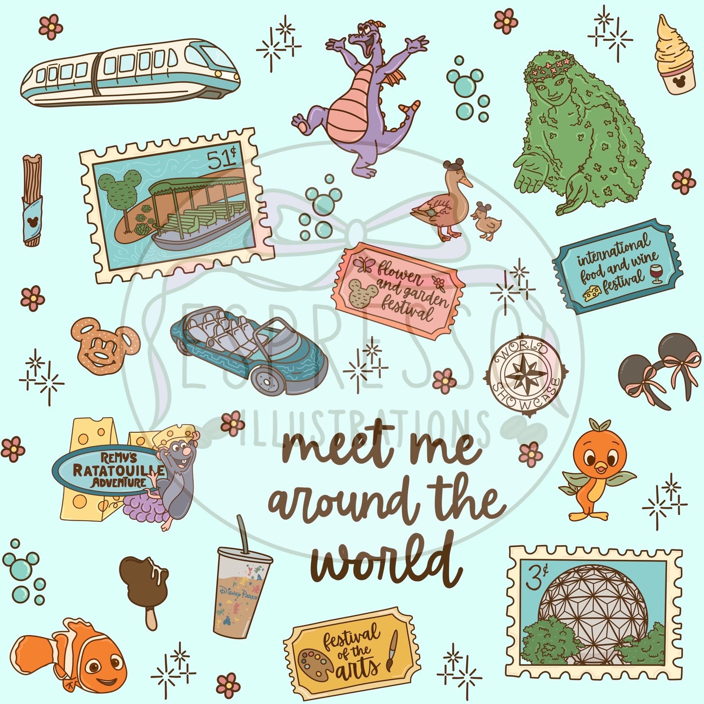 Epcot Seamless Pattern, Disney Parks, Flower and Garden Seamless, Figment Seamless, Disney Snacks Seamless Pattern, Living With The Land