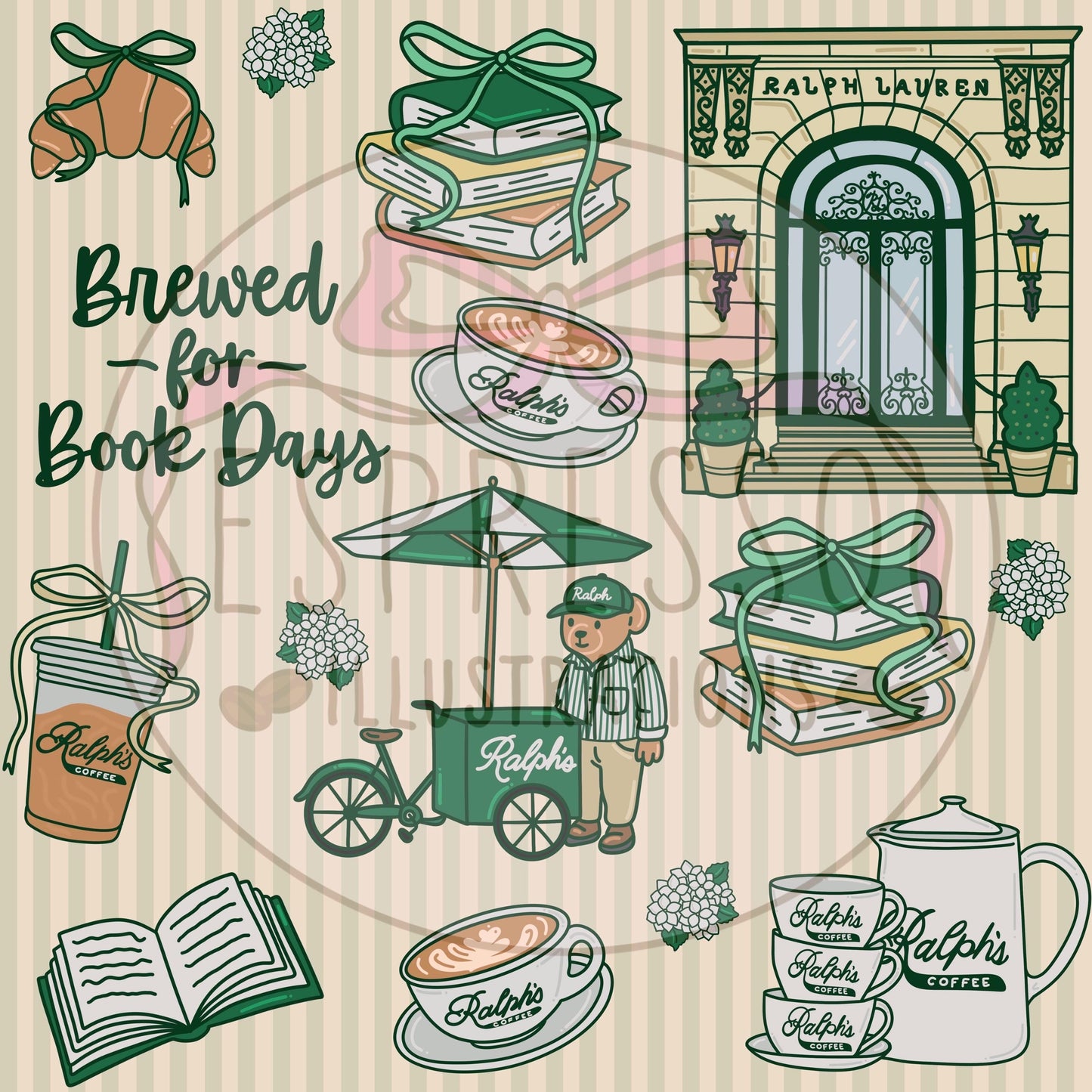 Ralph’s Coffee Seamless Pattern, Ralph’s Coffee NYC, Bookish Ralph’s Coffee, Ralph Lauren Polo, NYC Coffee Bookish Seamless Pattern.