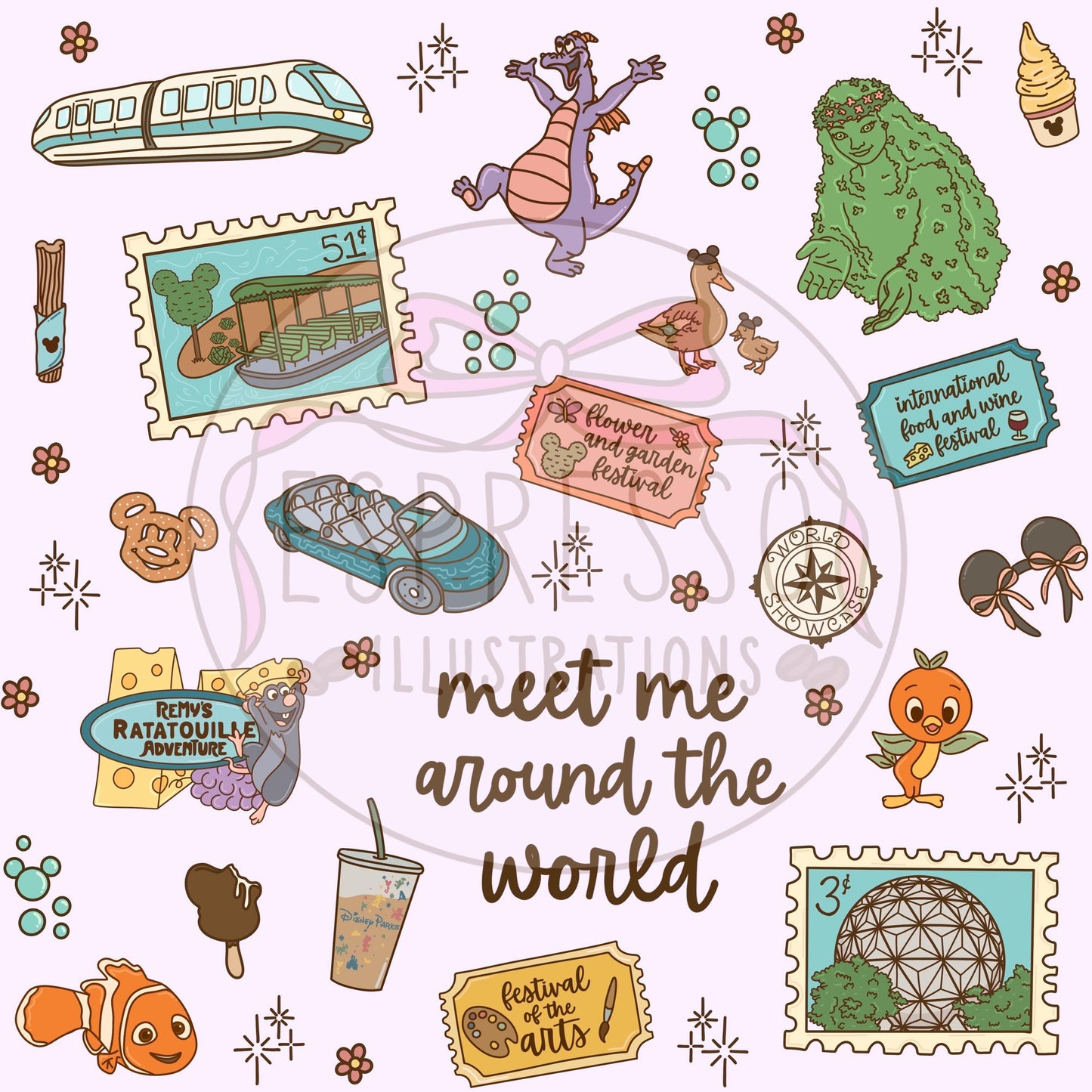 Epcot Seamless Pattern, Disney Parks, Flower and Garden Seamless, Figment Seamless, Disney Snacks Seamless Pattern, Living With The Land
