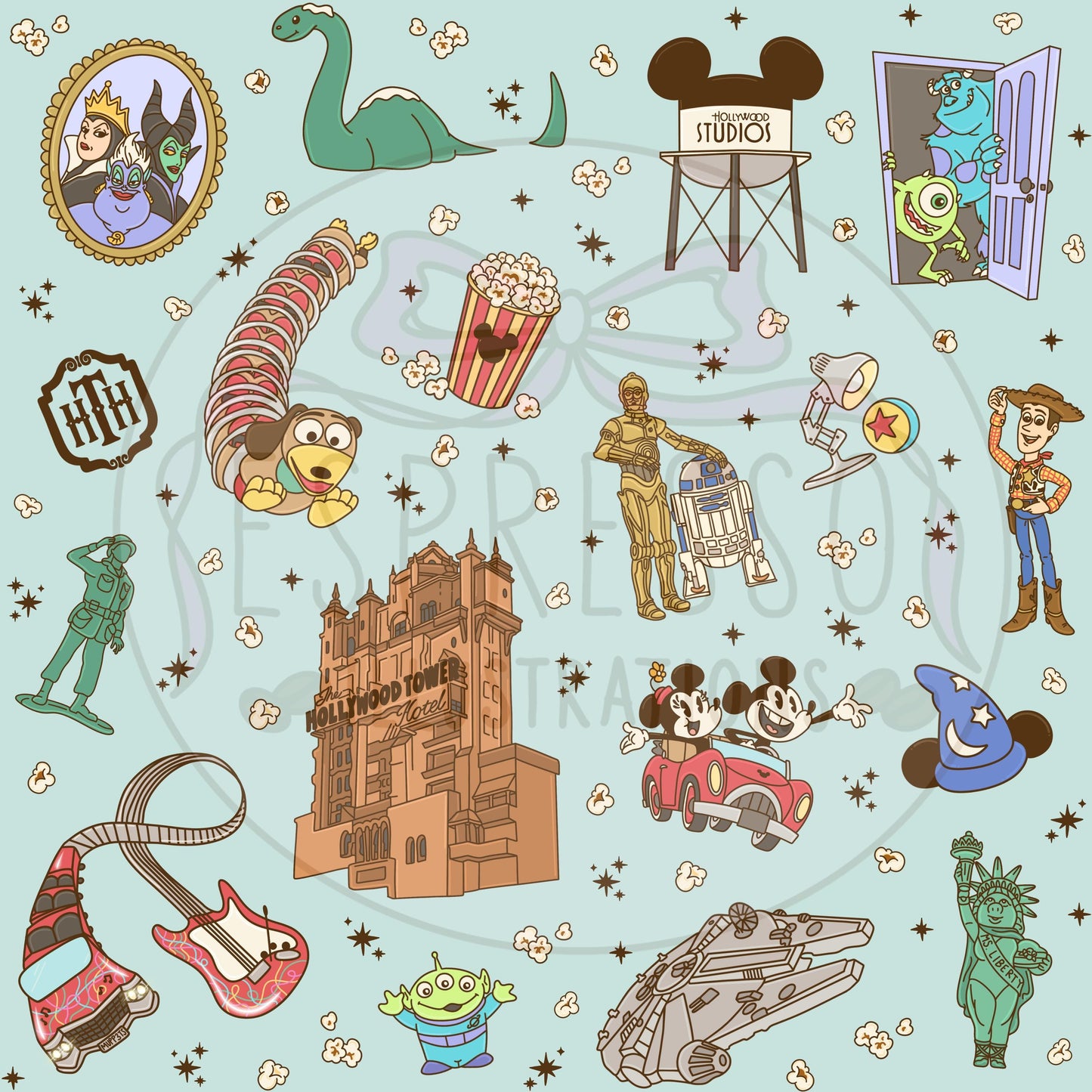 Hollywood Studios Seamless Pattern, Disney Parks, Muppet Mayhem Seamless, Toy Story Seamless, Disney Snacks Seamless Pattern, Park Hopper