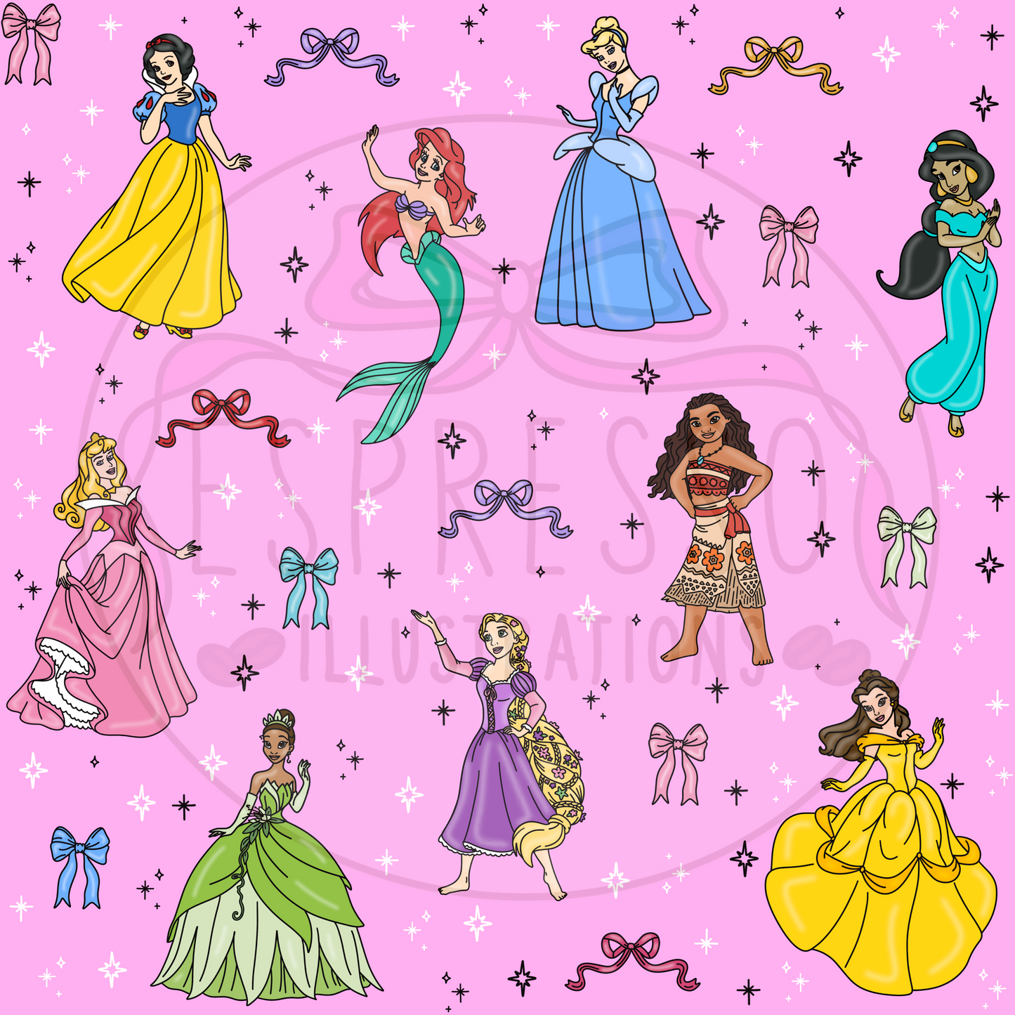 Disney Princess Mashup Seamless Pattern *BLACK OUTLINE*