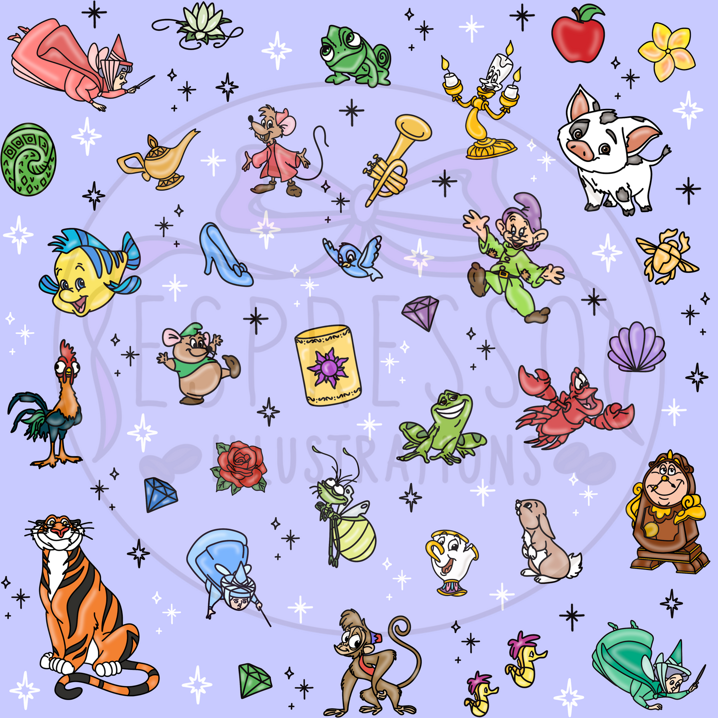 Disney Sidekicks Mashup Seamless Pattern *BLACK OUTLINE*