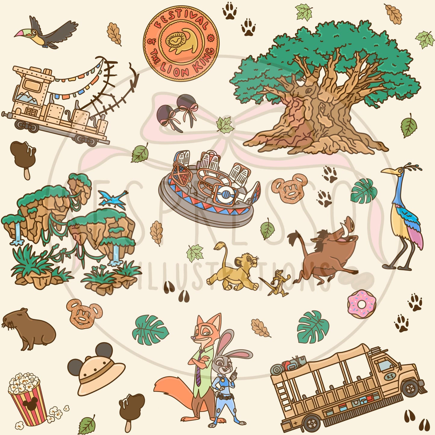 Animal Kingdom Seamless Pattern, Disney Parks, Kilimanjaro Safaris, Disney Snacks Seamless Pattern, Zootopia, Encanto, Pandora Avatar