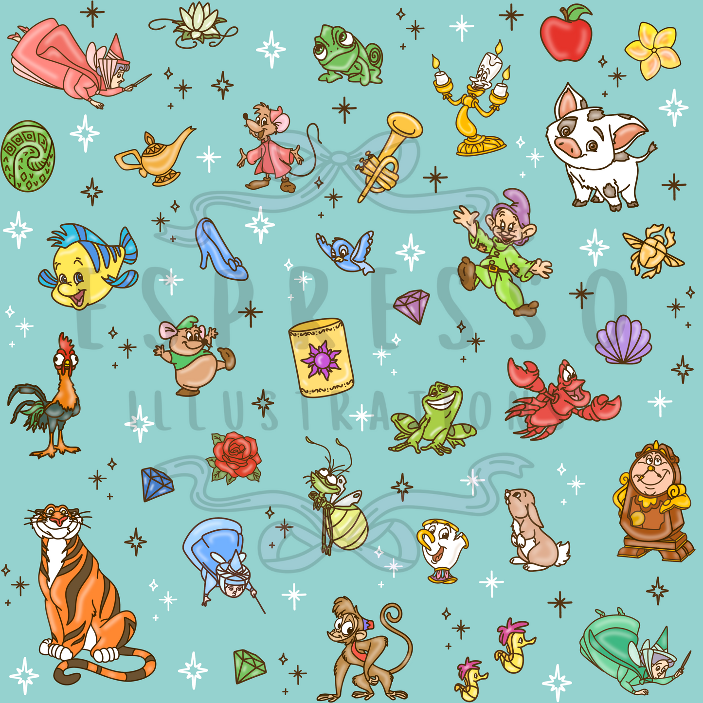 Disney Sidekicks Mashup Seamless Pattern *BROWN OUTLINE*