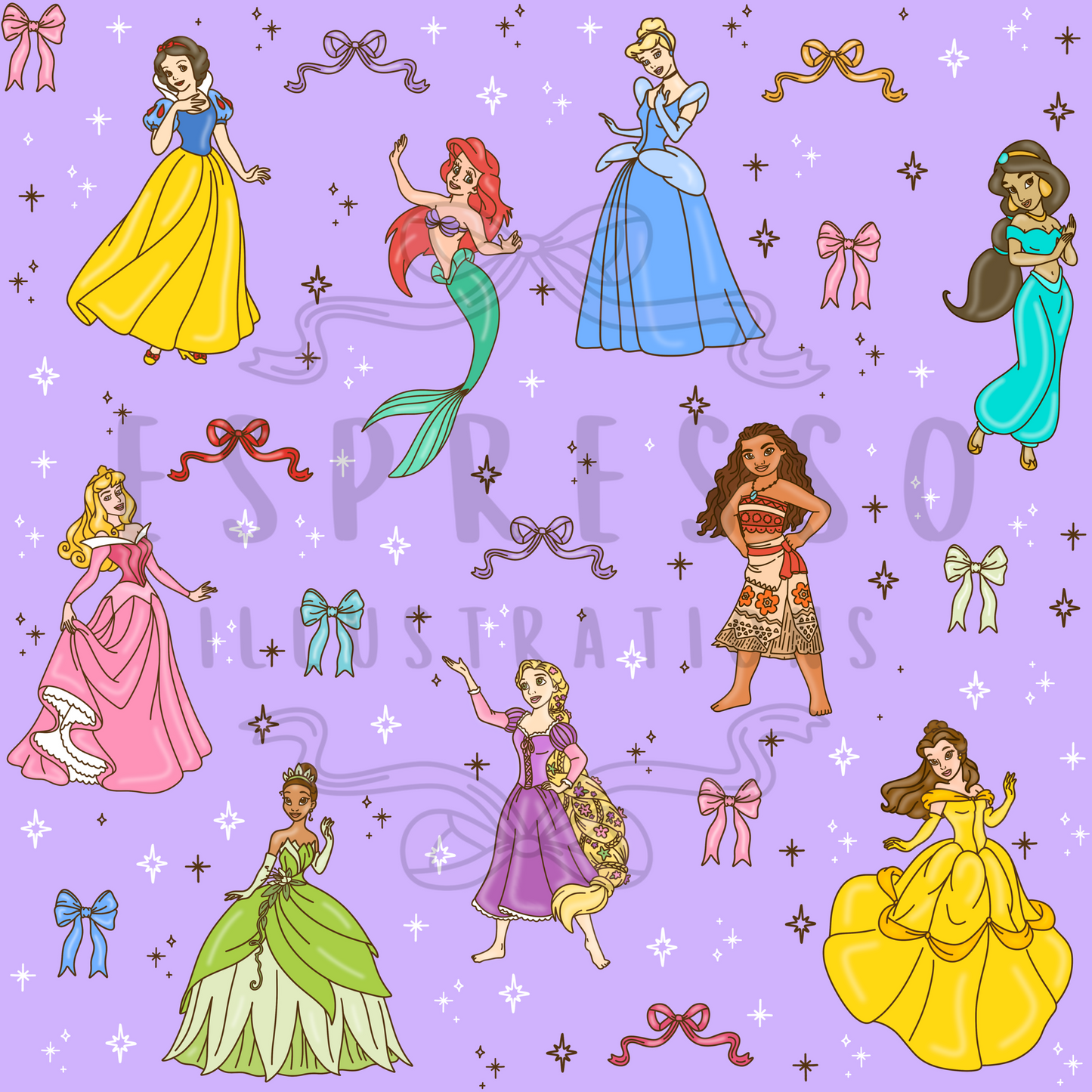 Disney Princess Mashup Seamless Pattern *BROWN OUTLINE*