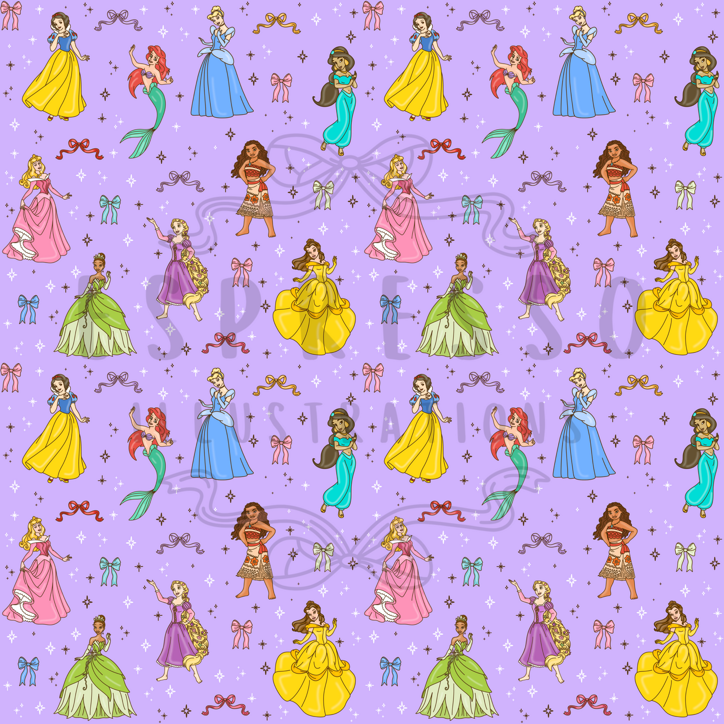 Disney Princess Mashup Seamless Pattern *BROWN OUTLINE*