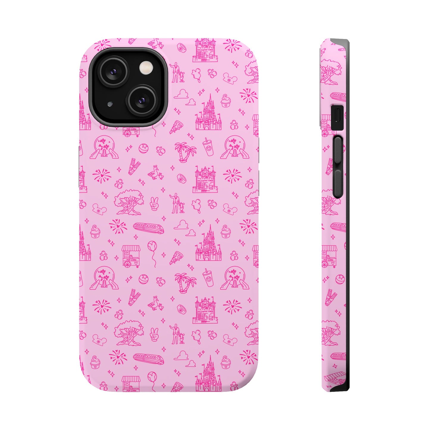 Pink Dis ney Park Doodles Pattern Phone Case | Neon Dis ney Doodles Magnetic Impact Resistant Phone Case
