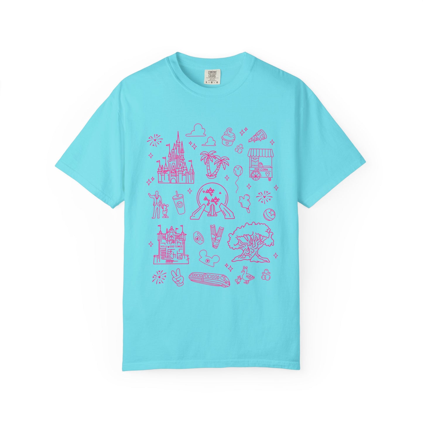 Pink Doodles Castle and Travel Icons T-Shirt | Cute Sketch Vacation Tee