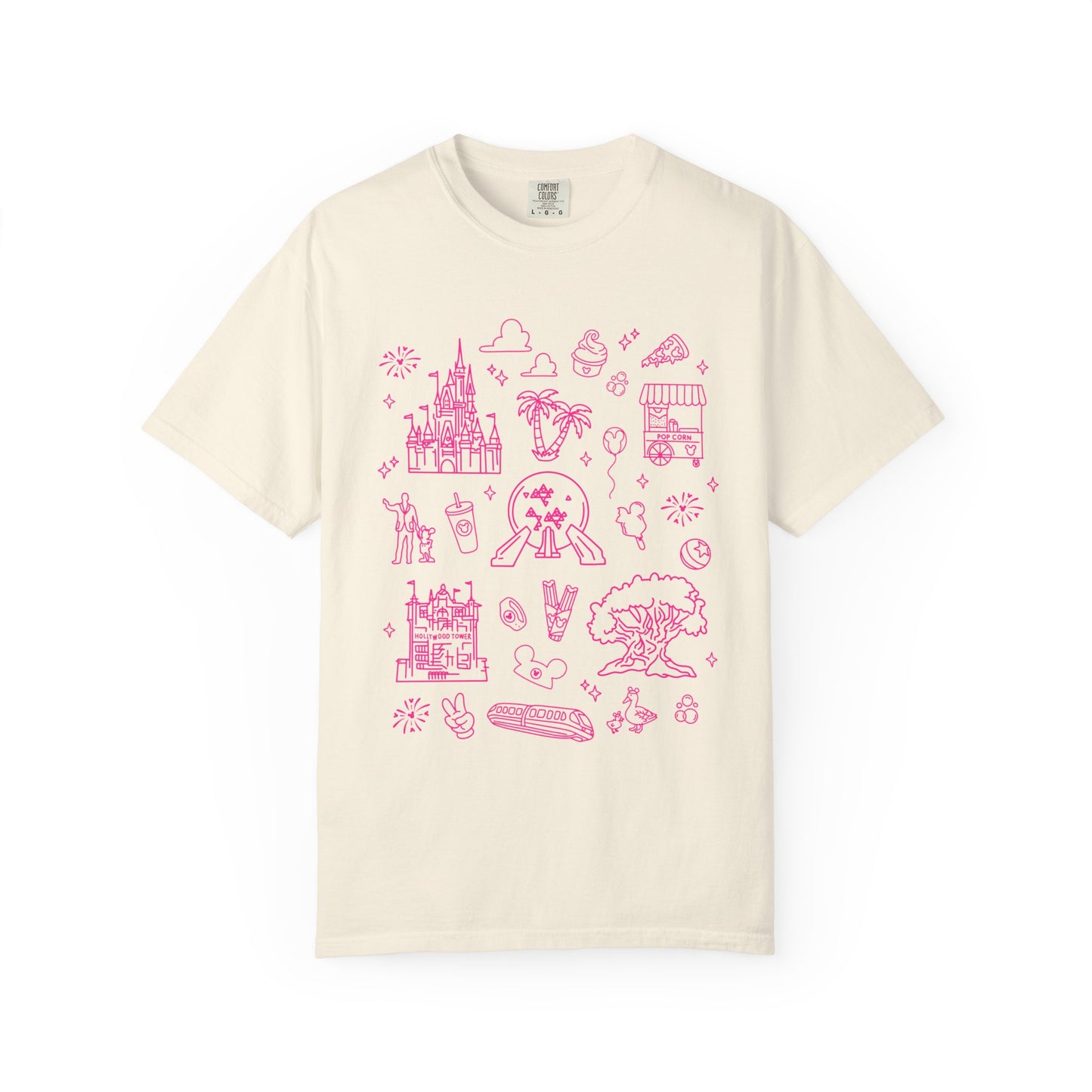 Pink Doodles Castle and Travel Icons T-Shirt | Cute Sketch Vacation Tee