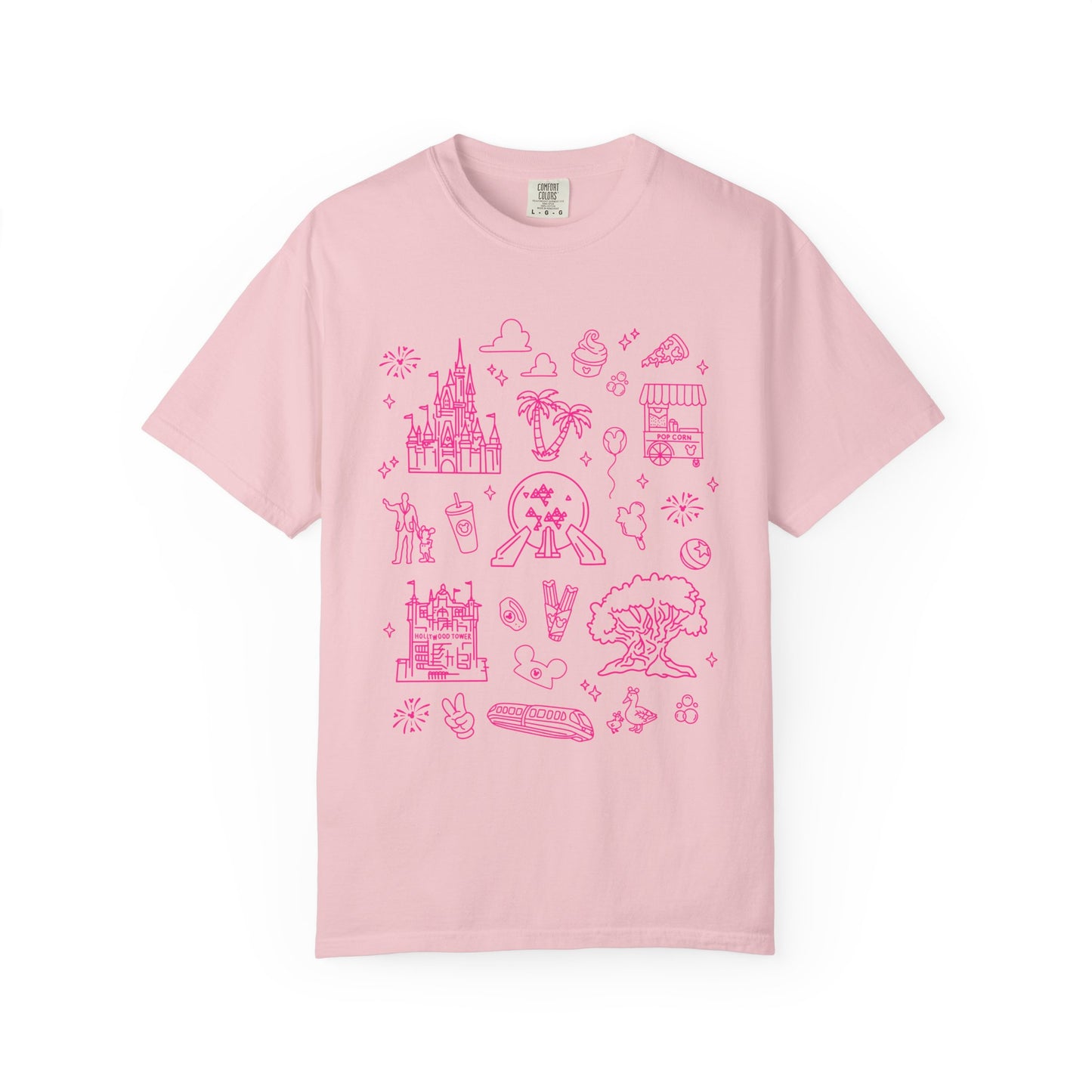 Pink Doodles Castle and Travel Icons T-Shirt | Cute Sketch Vacation Tee
