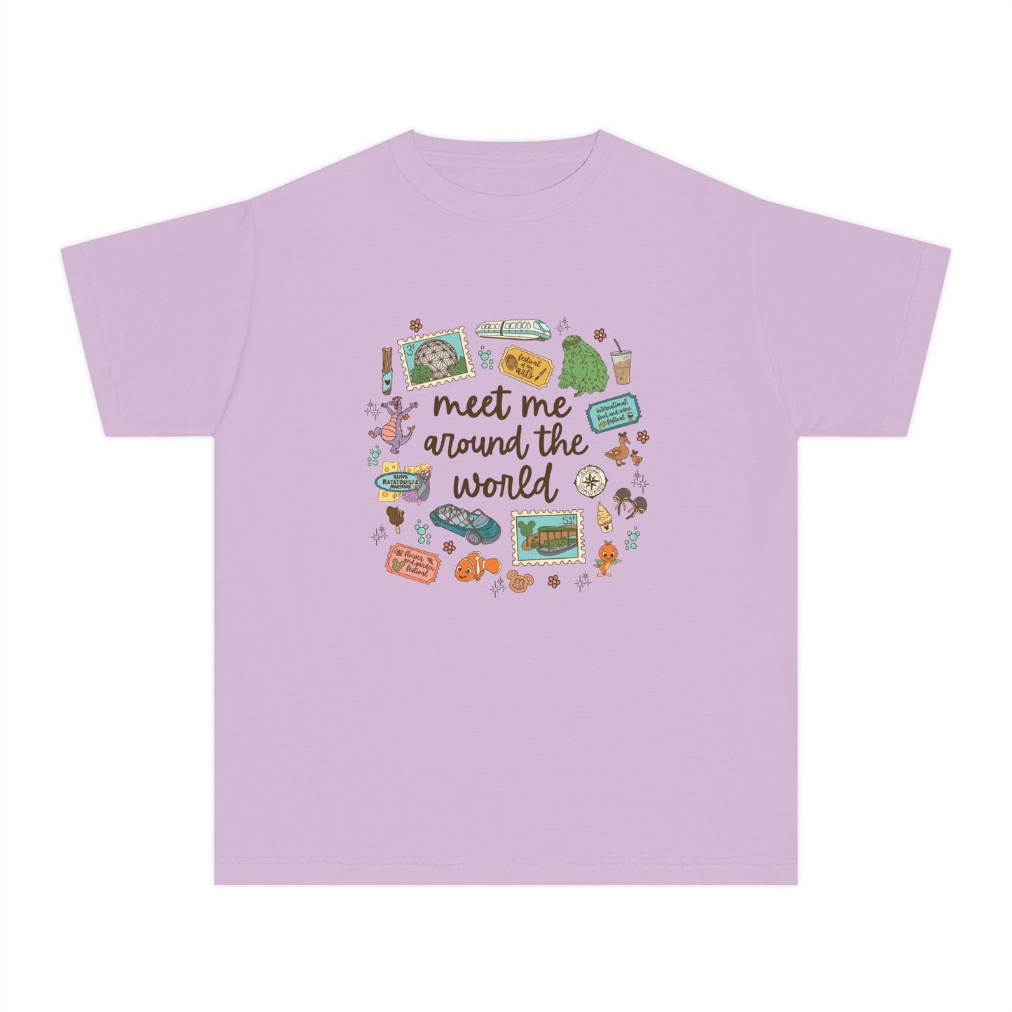 Meet Me Around the World Youth Tee | Travel Icons, Suitcase, Passport, Globe