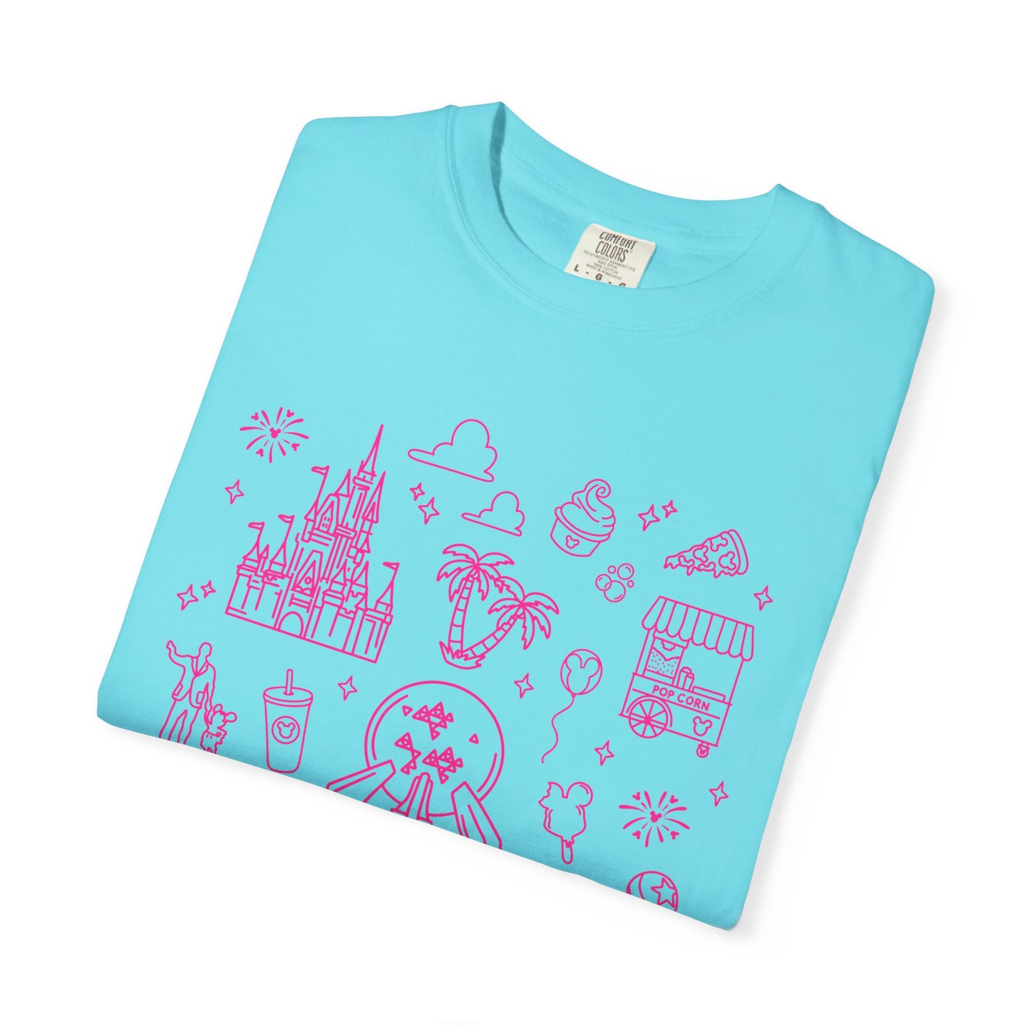 Pink Doodles Castle and Travel Icons T-Shirt | Cute Sketch Vacation Tee