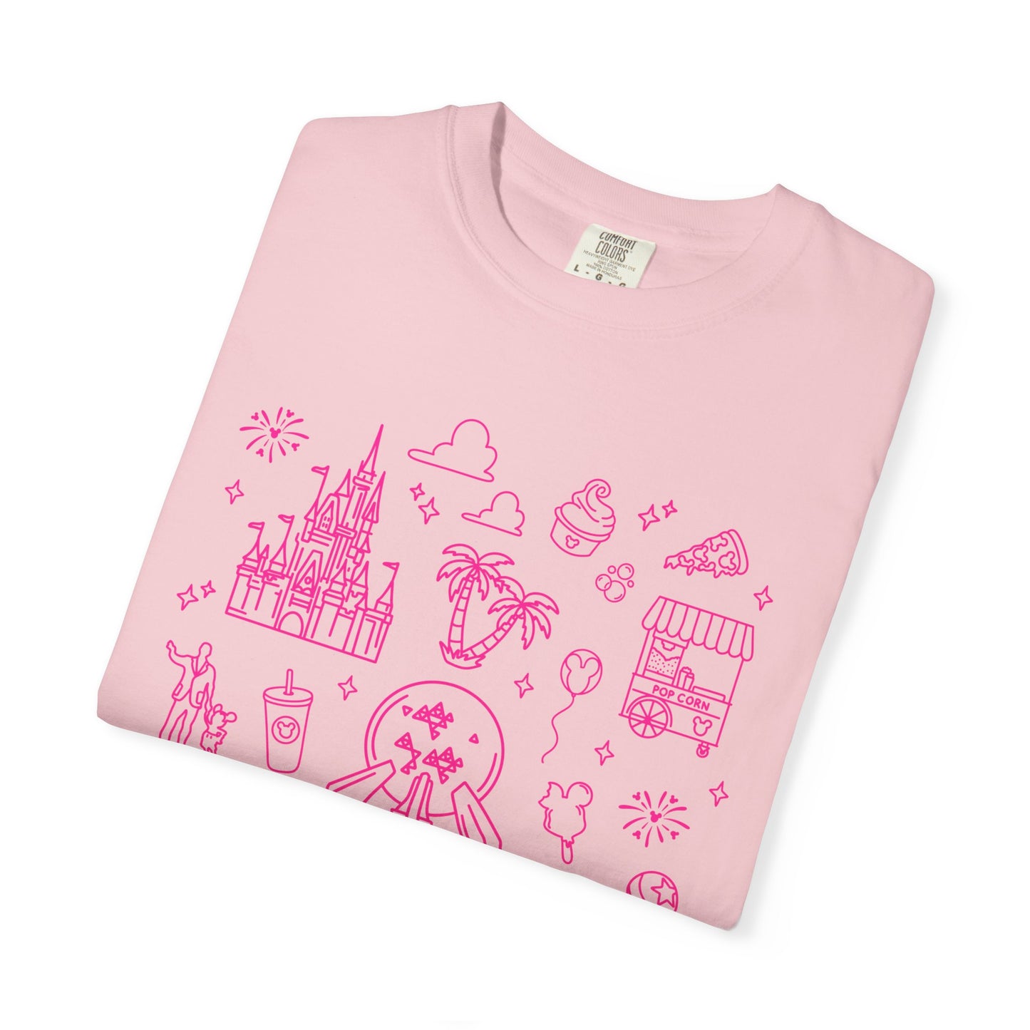 Pink Doodles Castle and Travel Icons T-Shirt | Cute Sketch Vacation Tee