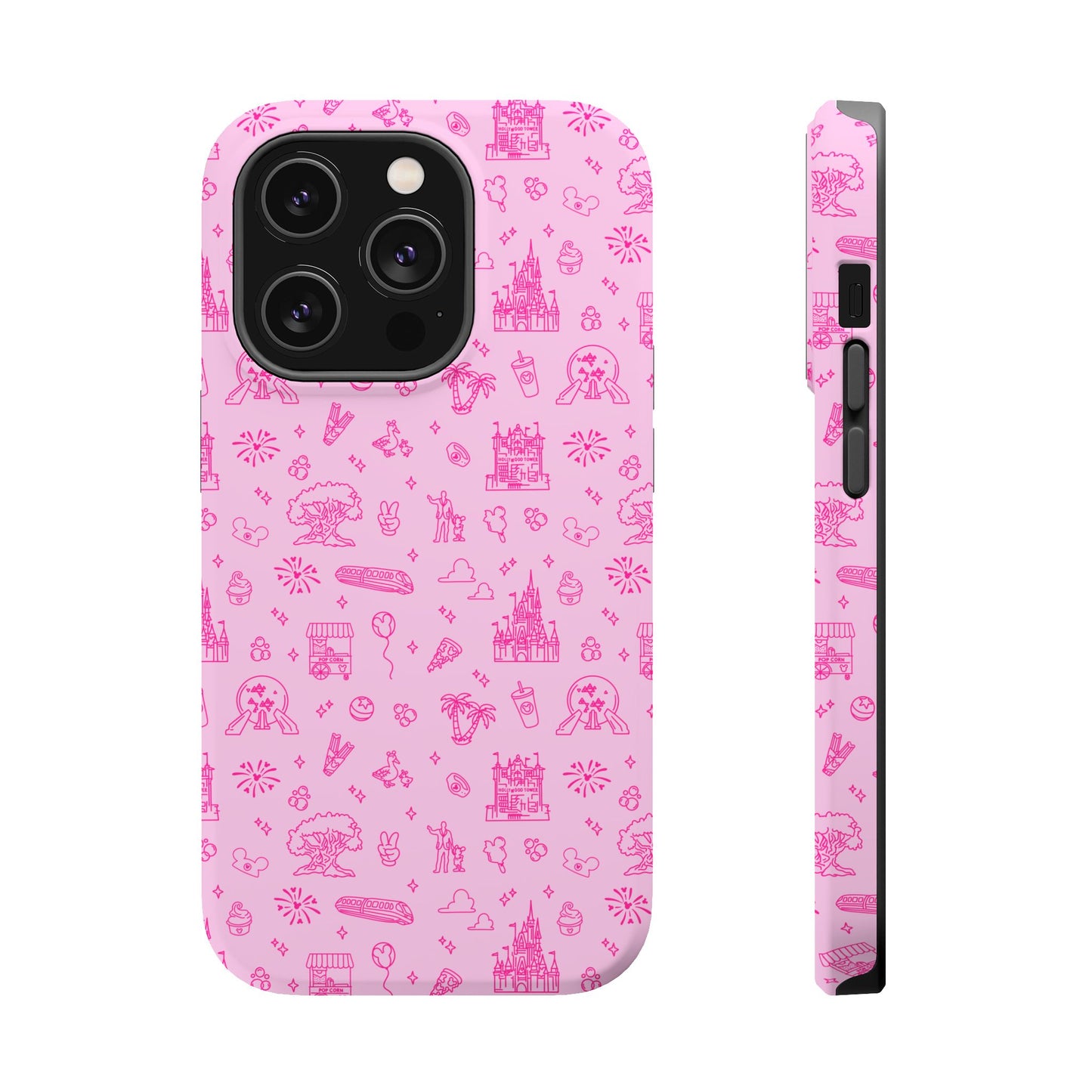Pink Dis ney Park Doodles Pattern Phone Case | Neon Dis ney Doodles Magnetic Impact Resistant Phone Case