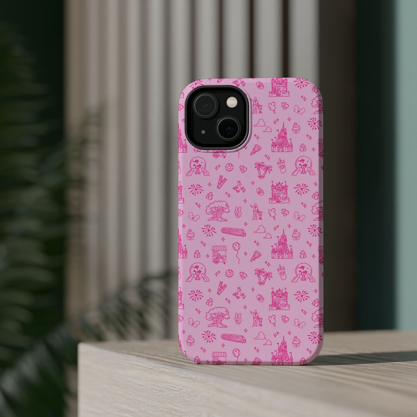 Pink Dis ney Park Doodles Pattern Phone Case | Neon Dis ney Doodles Magnetic Impact Resistant Phone Case