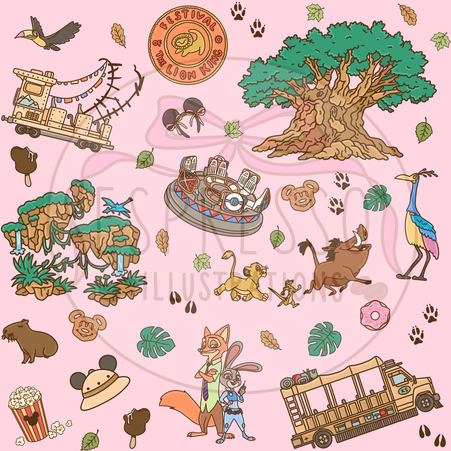 Animal Kingdom Seamless Pattern, Disney Parks, Kilimanjaro Safaris, Disney Snacks Seamless Pattern, Zootopia, Encanto, Pandora Avatar