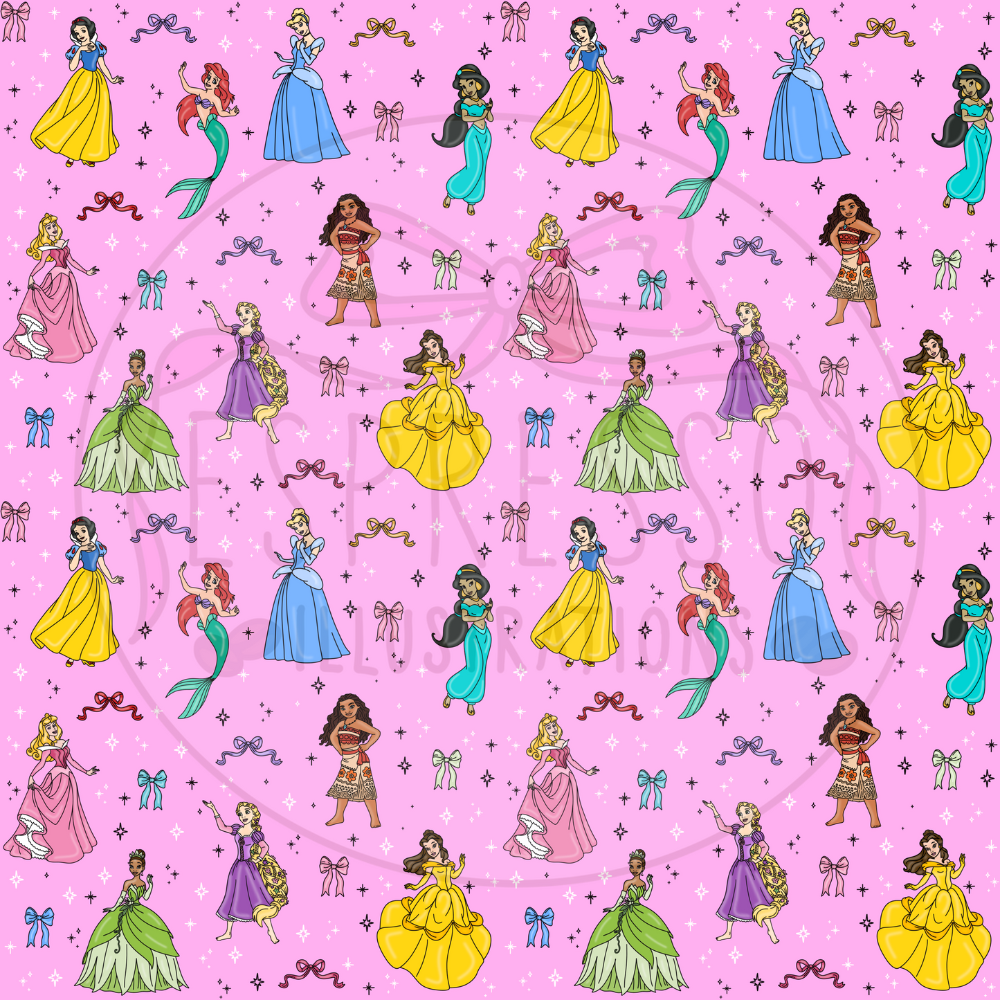 Disney Princess Mashup Seamless Pattern *BLACK OUTLINE*