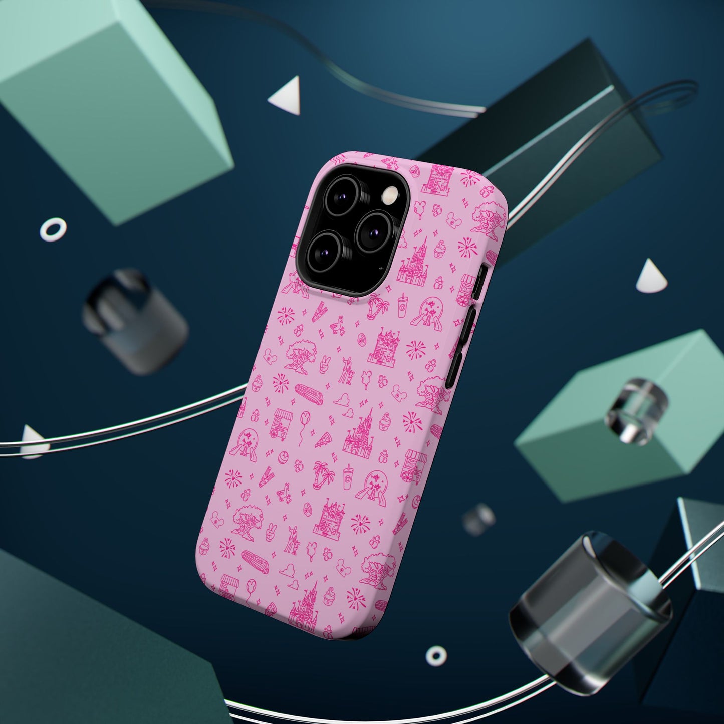 Pink Dis ney Park Doodles Pattern Phone Case | Neon Dis ney Doodles Magnetic Impact Resistant Phone Case