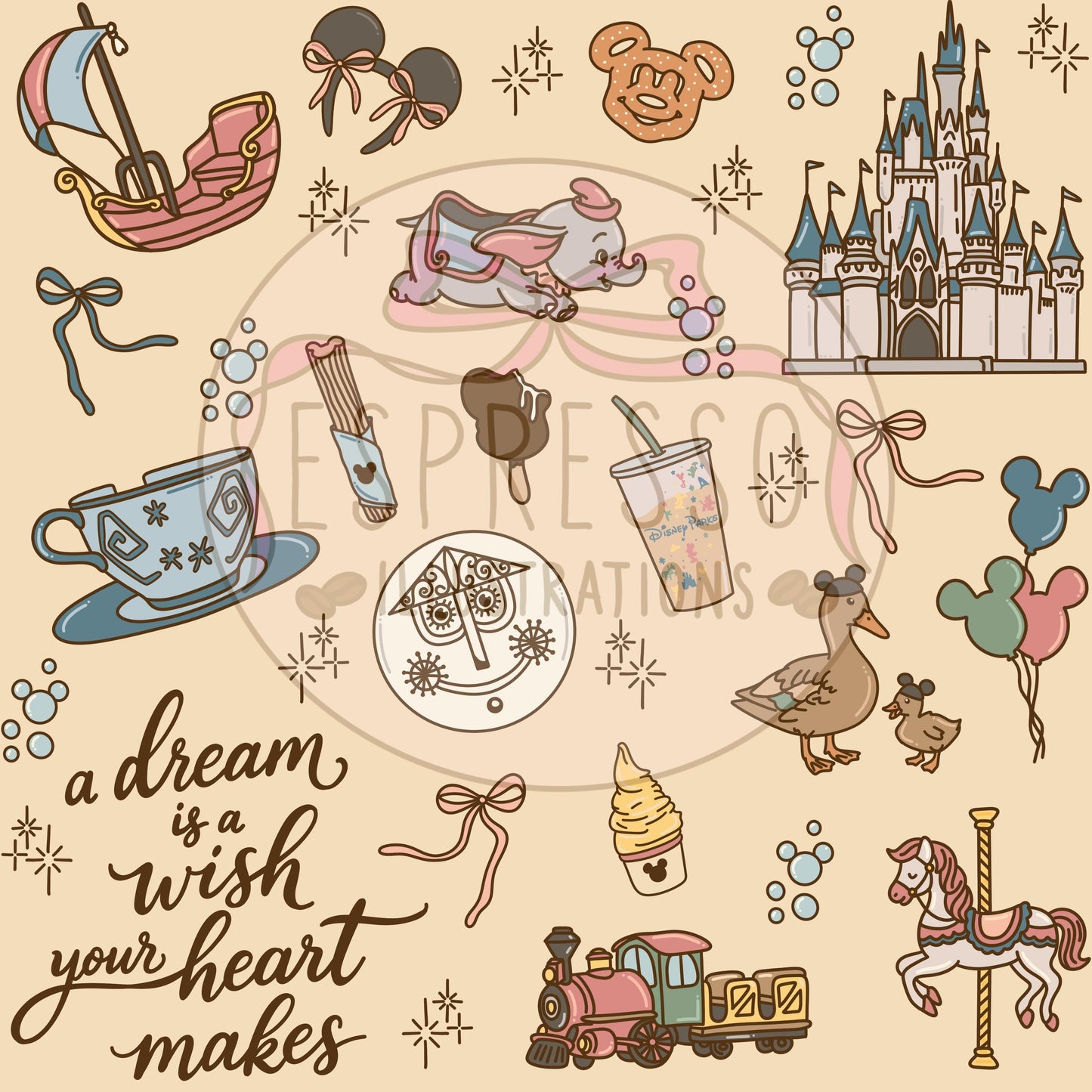 Magic Kingdom Seamless Pattern, Disney Parks, Hub Grass, Disney Snacks Seamless Pattern.