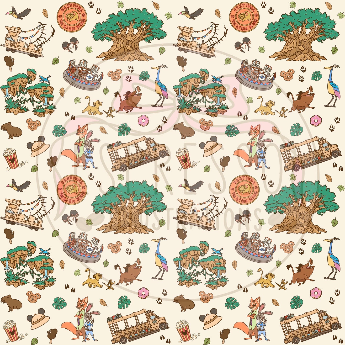 Animal Kingdom Seamless Pattern, Disney Parks, Kilimanjaro Safaris, Disney Snacks Seamless Pattern, Zootopia, Encanto, Pandora Avatar
