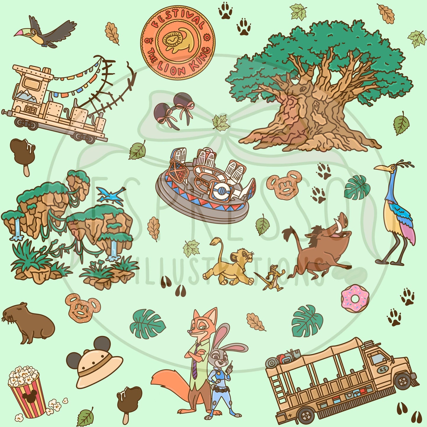 Animal Kingdom Seamless Pattern, Disney Parks, Kilimanjaro Safaris, Disney Snacks Seamless Pattern, Zootopia, Encanto, Pandora Avatar