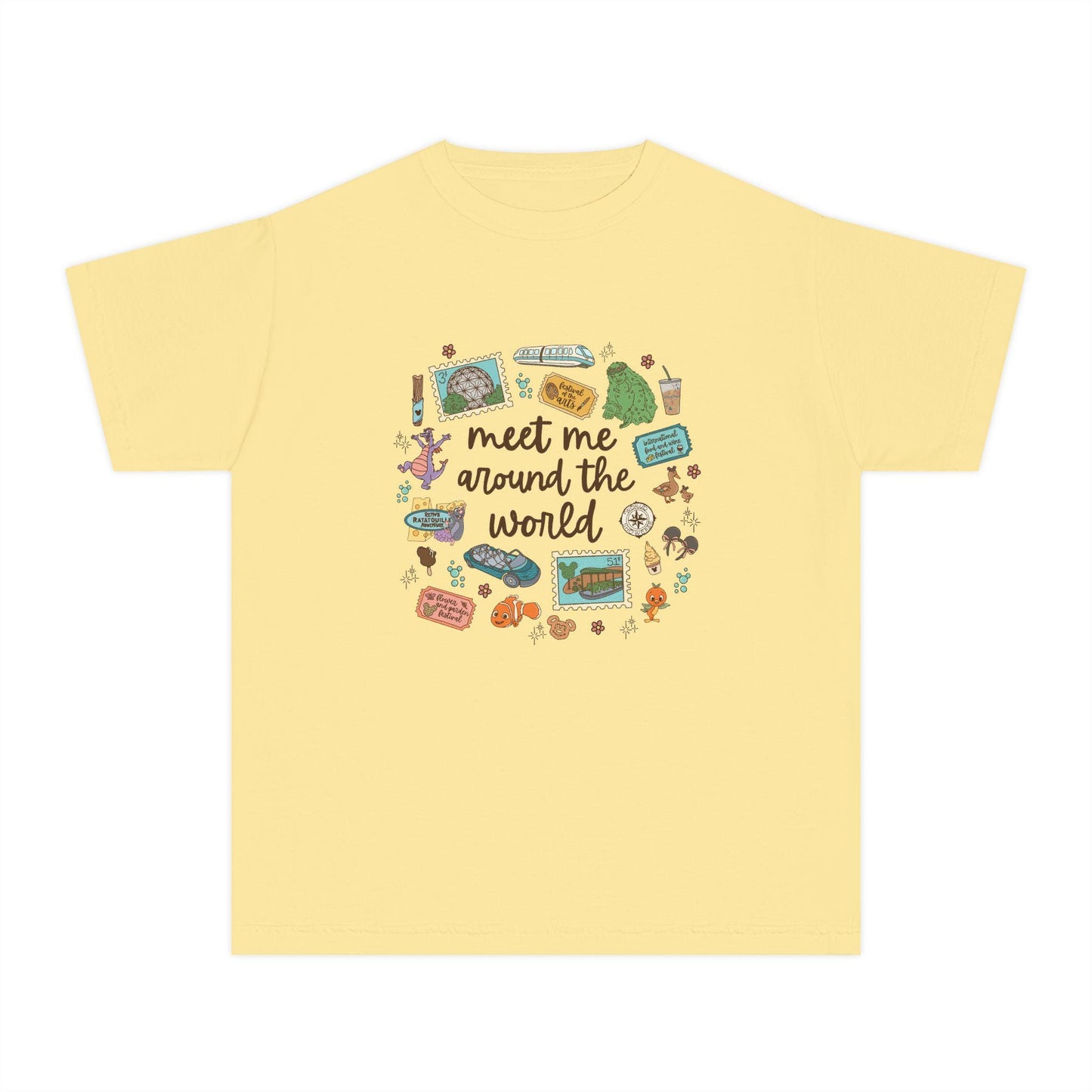Kids Meet Me Around the World Youth Tee | Travel Icons, Suitcase, Passport, Globe