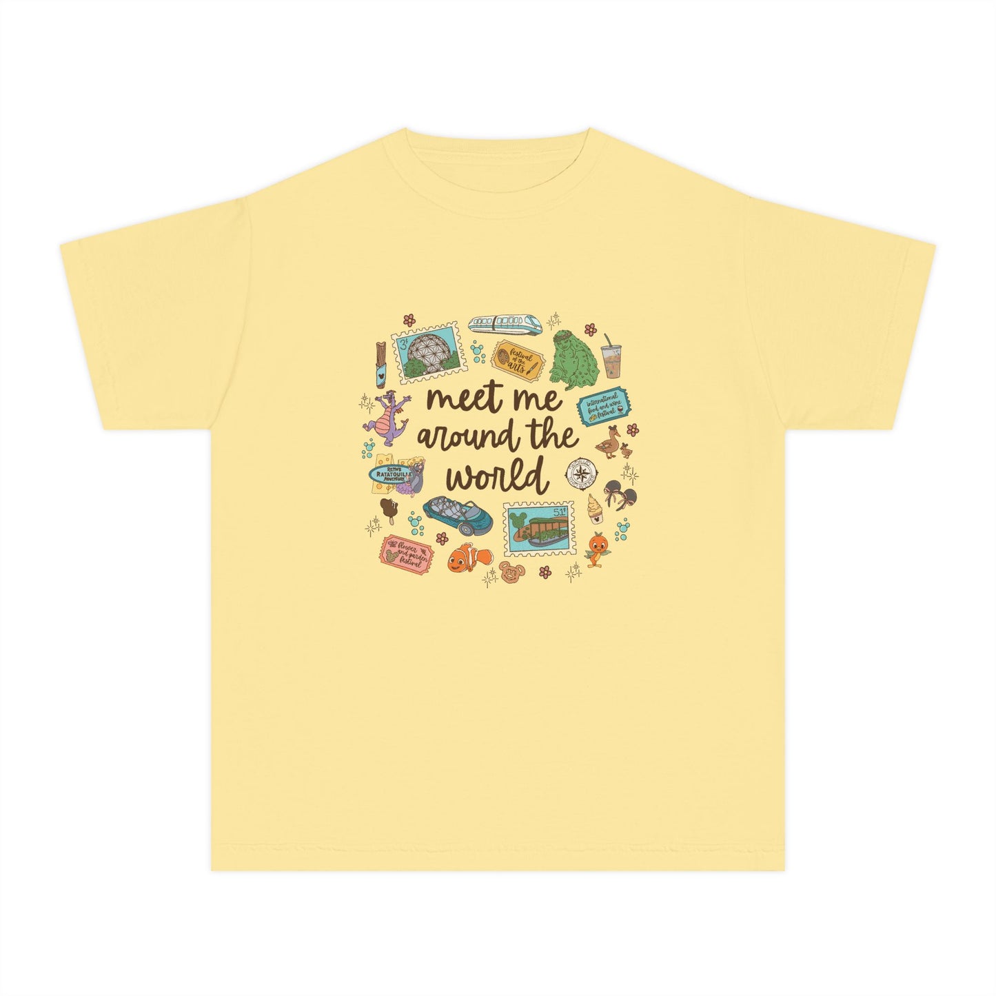 Meet Me Around the World Youth Tee | Travel Icons, Suitcase, Passport, Globe