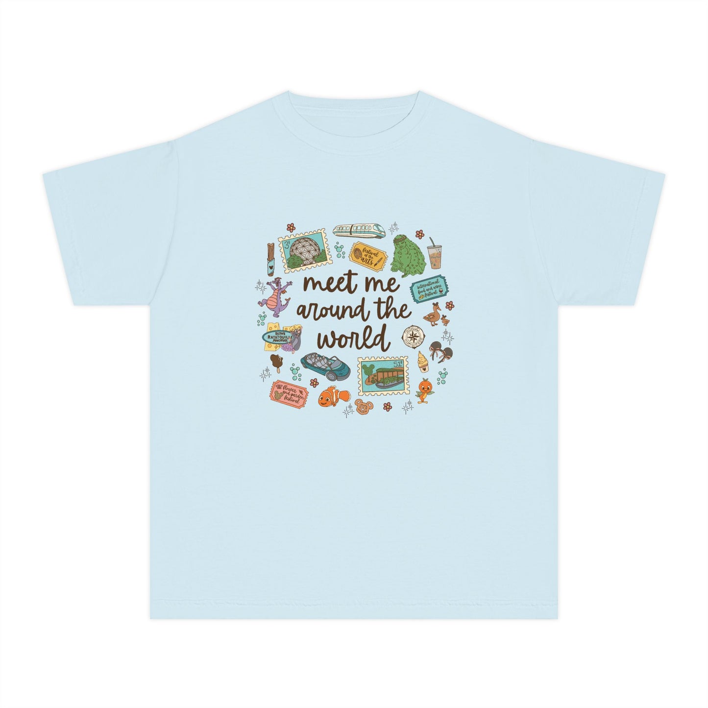 Meet Me Around the World Youth Tee | Travel Icons, Suitcase, Passport, Globe