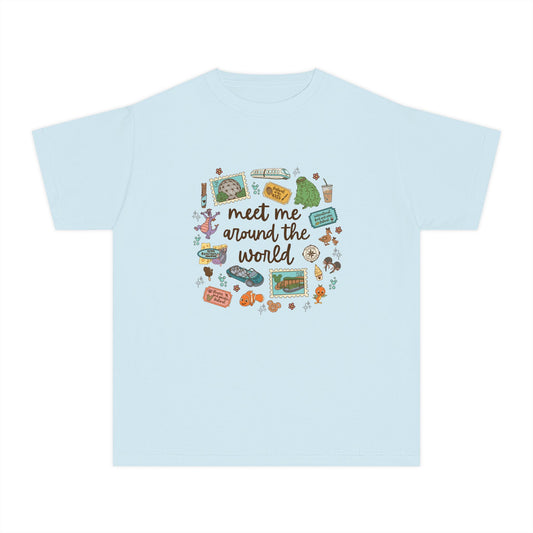 Meet Me Around the World Youth Tee | Travel Icons, Suitcase, Passport, Globe