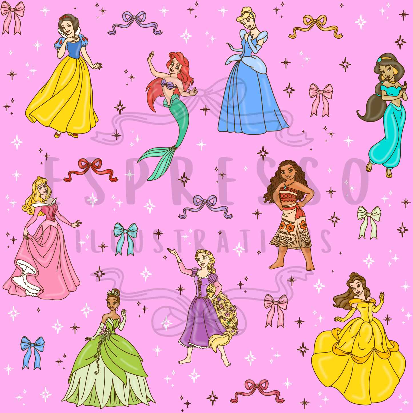 Disney Princess Mashup Seamless Pattern *BROWN OUTLINE*