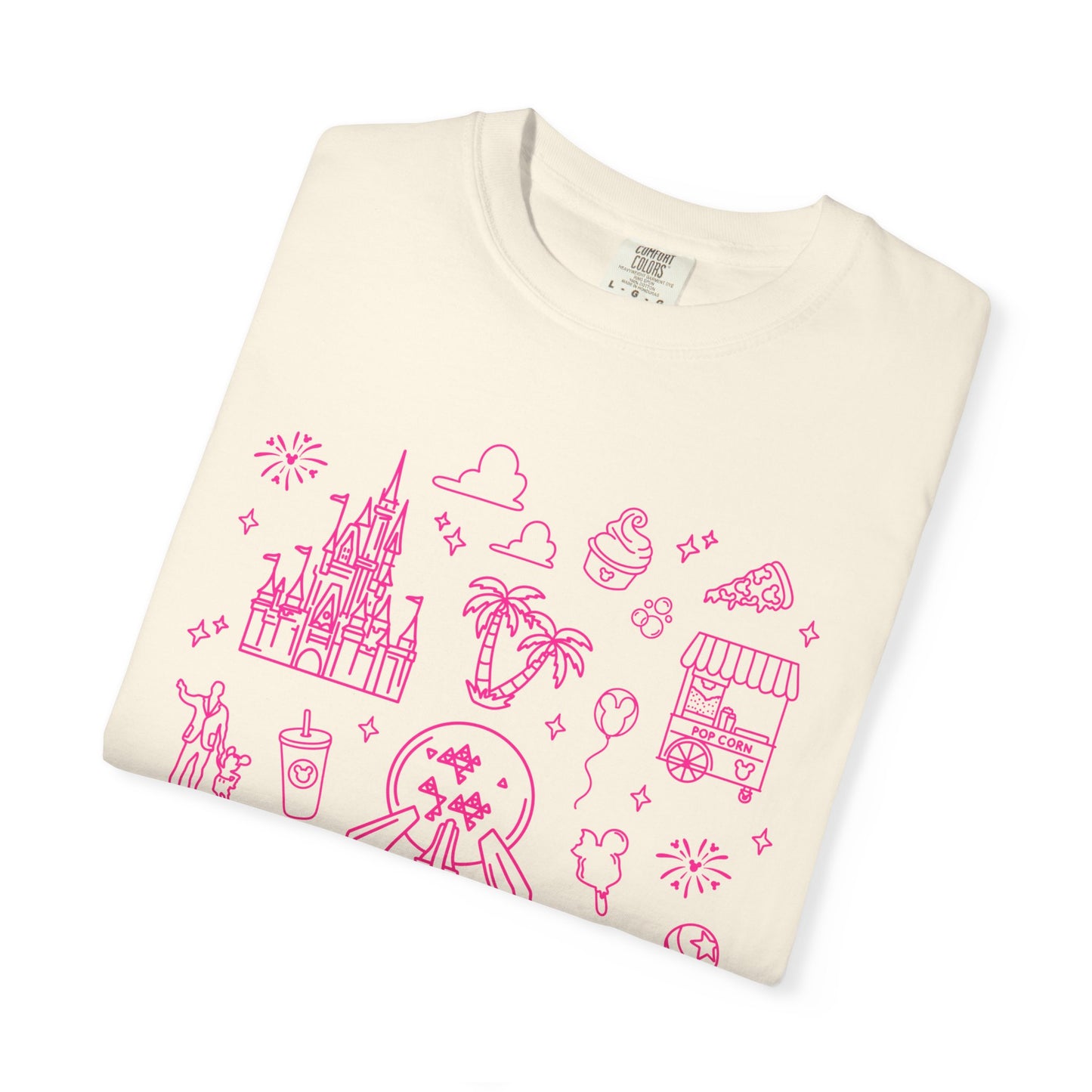 Pink Doodles Castle and Travel Icons T-Shirt | Cute Sketch Vacation Tee