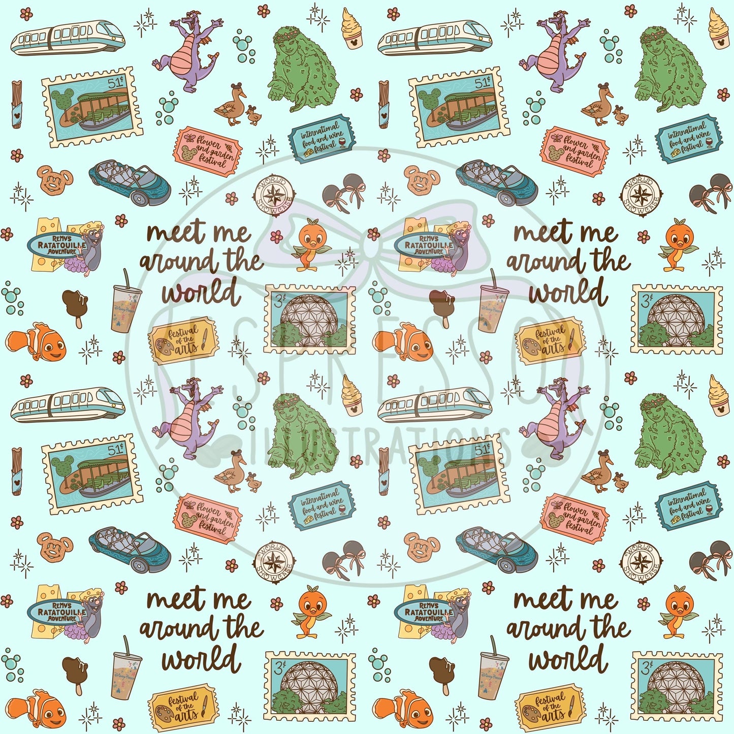 Epcot Seamless Pattern, Disney Parks, Flower and Garden Seamless, Figment Seamless, Disney Snacks Seamless Pattern, Living With The Land