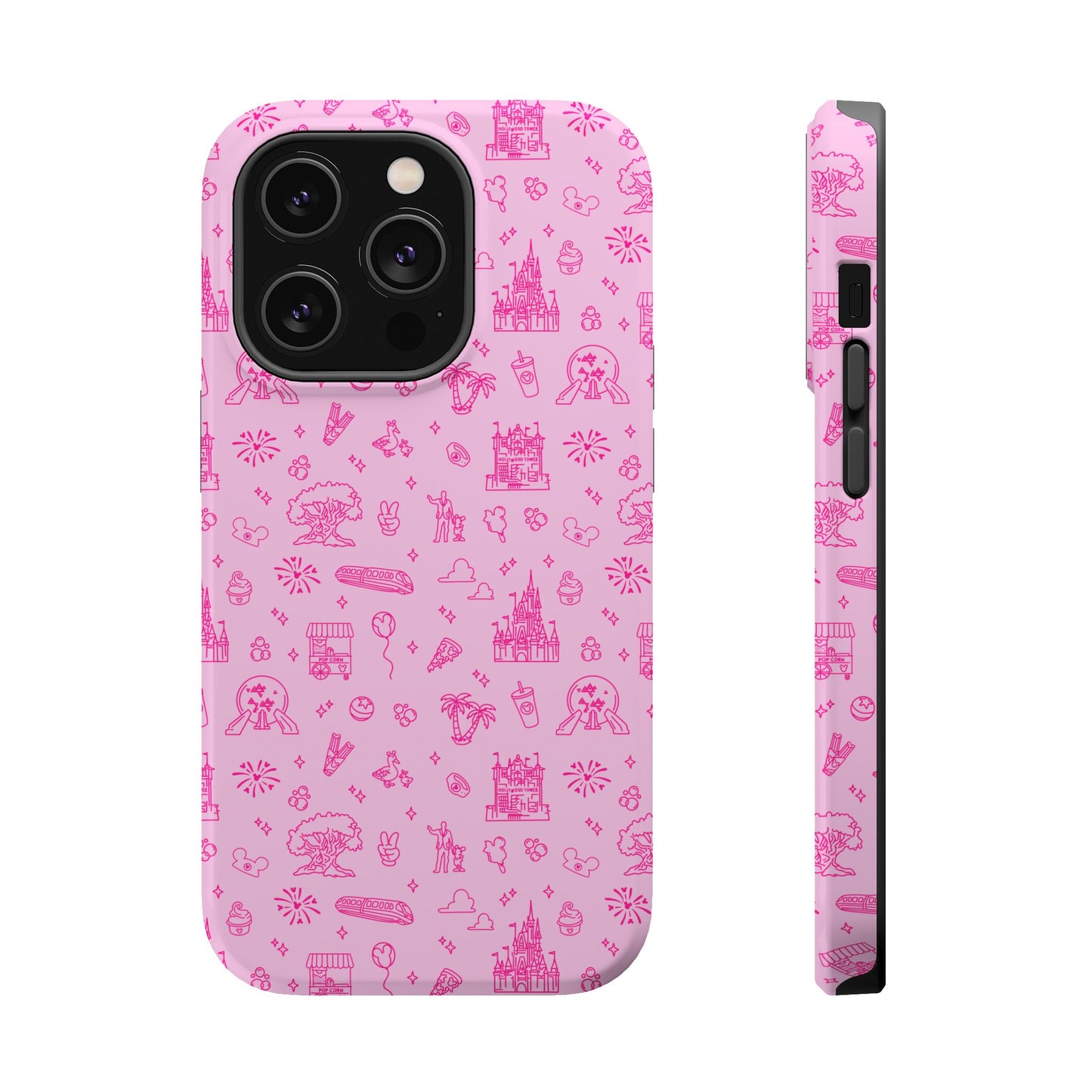 Pink Dis ney Park Doodles Pattern Phone Case | Neon Dis ney Doodles Magnetic Impact Resistant Phone Case