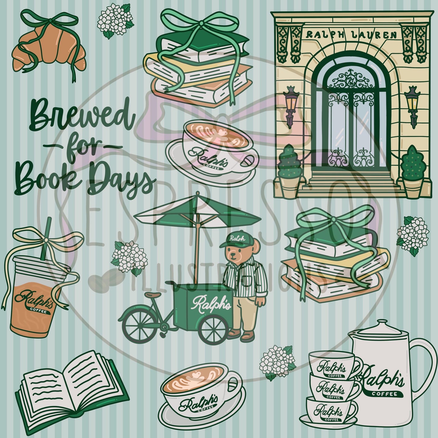 Ralph’s Coffee Seamless Pattern, Ralph’s Coffee NYC, Bookish Ralph’s Coffee, Ralph Lauren Polo, NYC Coffee Bookish Seamless Pattern.