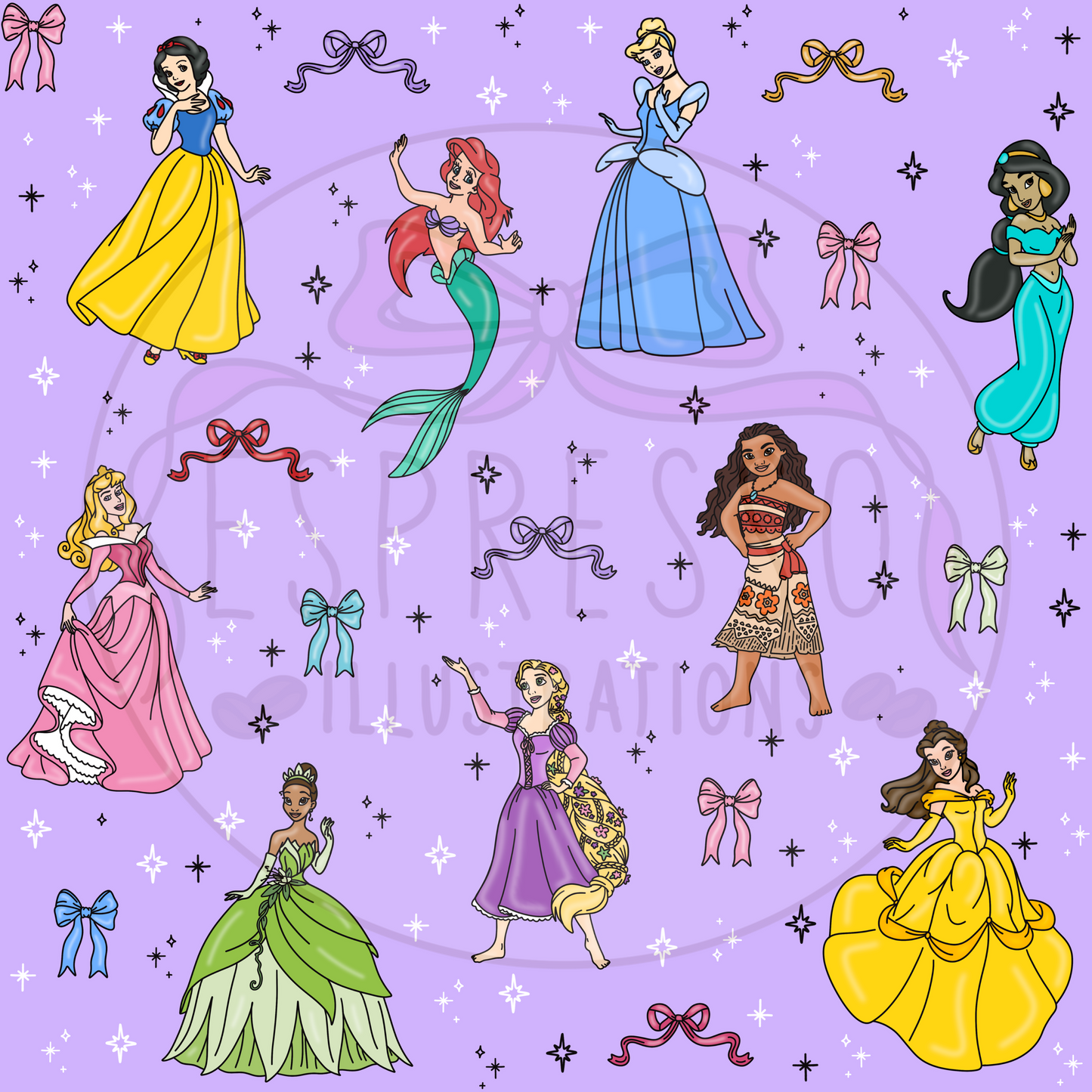 Disney Princess Mashup Seamless Pattern *BLACK OUTLINE*