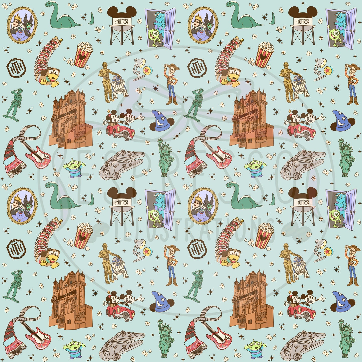 Hollywood Studios Seamless Pattern, Disney Parks, Muppet Mayhem Seamless, Toy Story Seamless, Disney Snacks Seamless Pattern, Park Hopper
