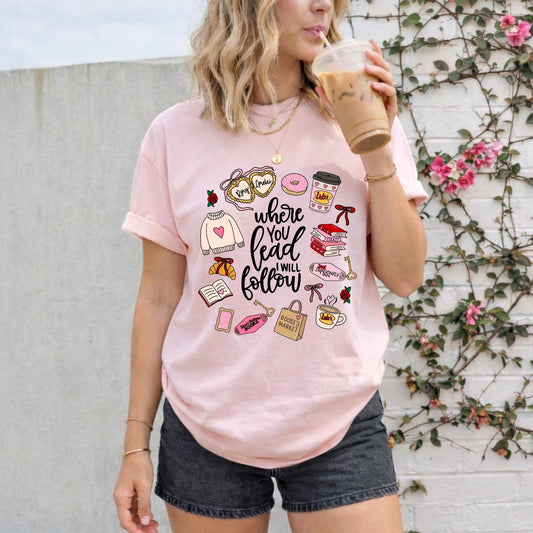 Where You Lead I Will Follow T-shirt | Cozy Book Coffee Illustration