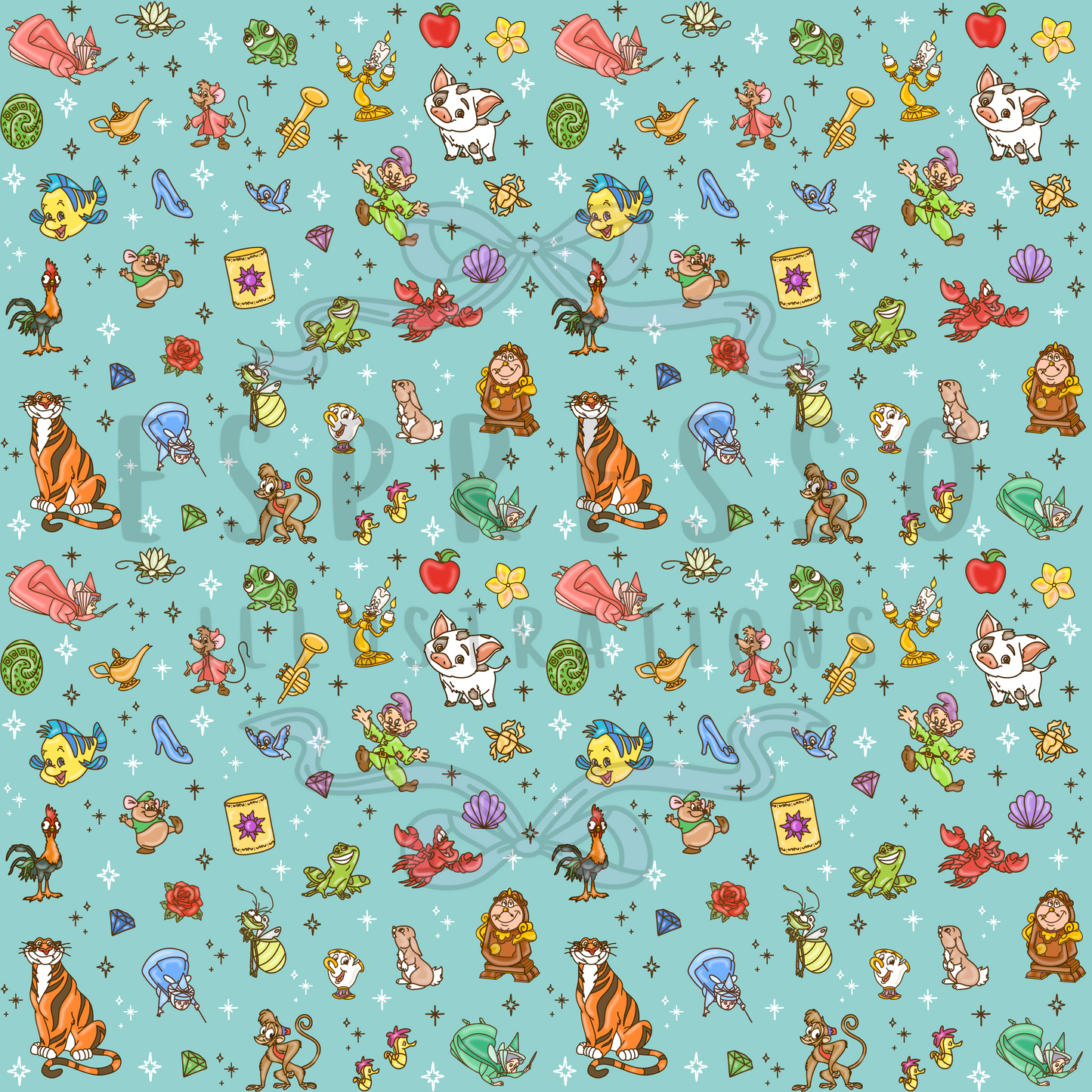 Disney Sidekicks Mashup Seamless Pattern *BROWN OUTLINE*