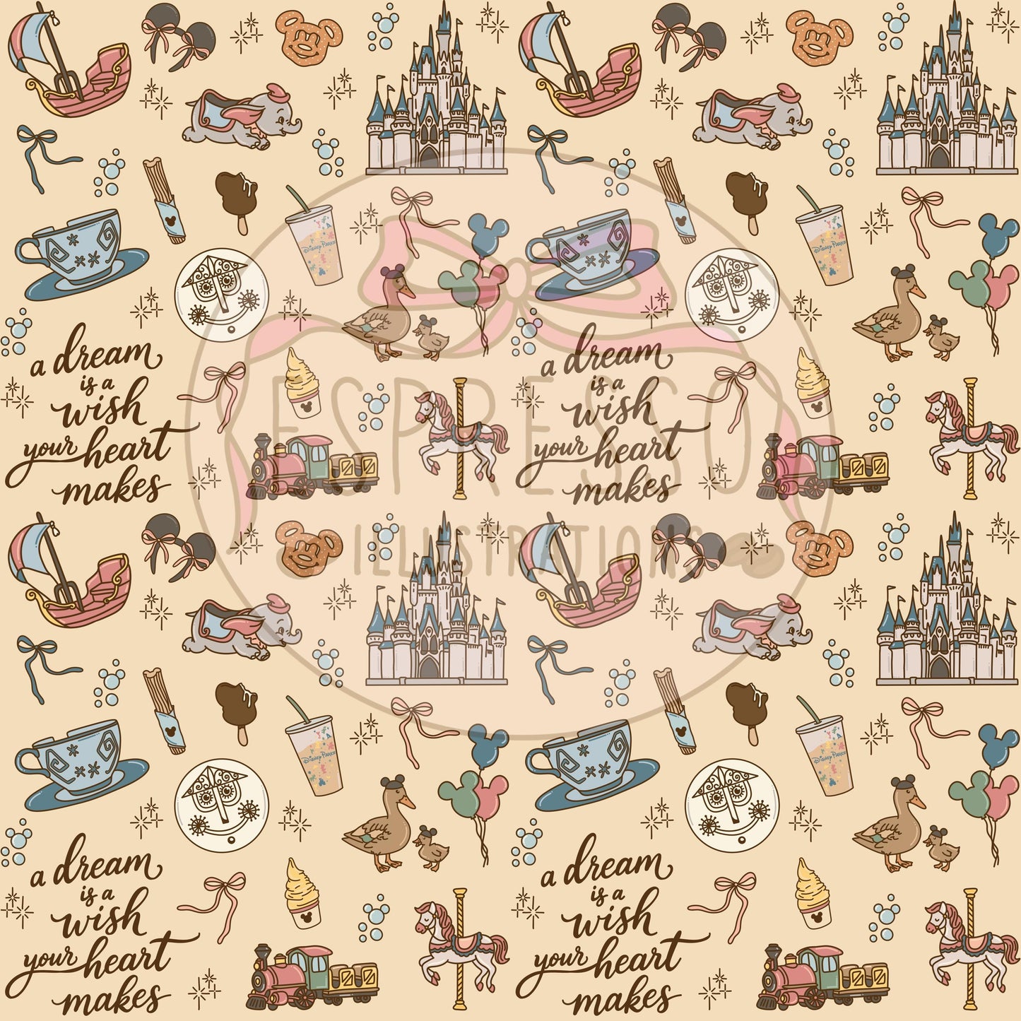 Magic Kingdom Seamless Pattern, Disney Parks, Hub Grass, Disney Snacks Seamless Pattern.