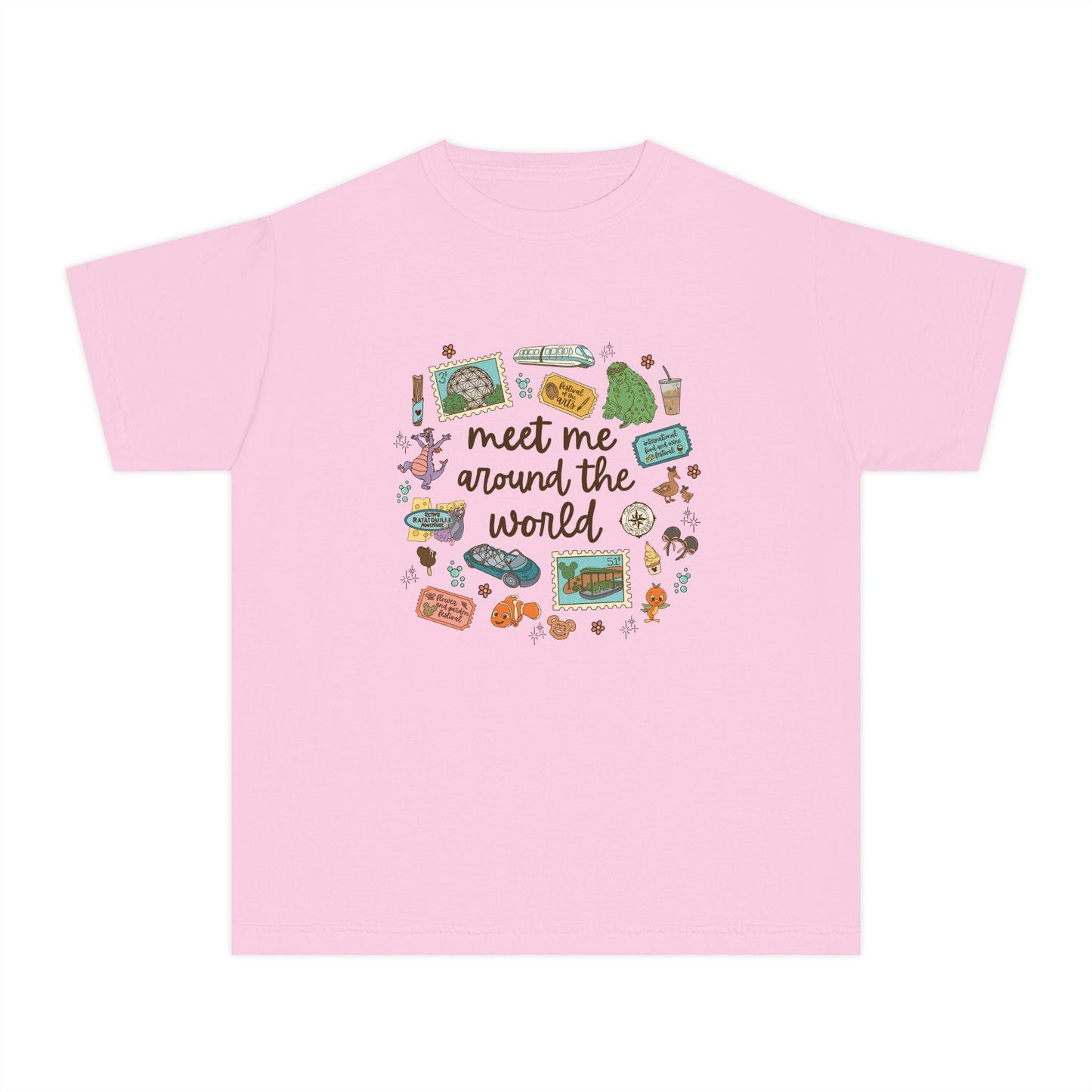 Kids Meet Me Around the World Youth Tee | Travel Icons, Suitcase, Passport, Globe