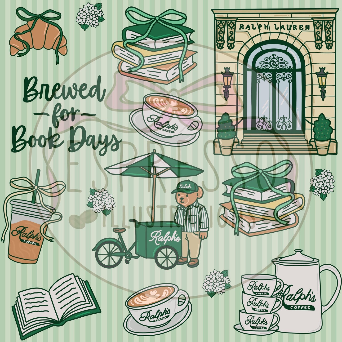 Ralph’s Coffee Seamless Pattern, Ralph’s Coffee NYC, Bookish Ralph’s Coffee, Ralph Lauren Polo, NYC Coffee Bookish Seamless Pattern.