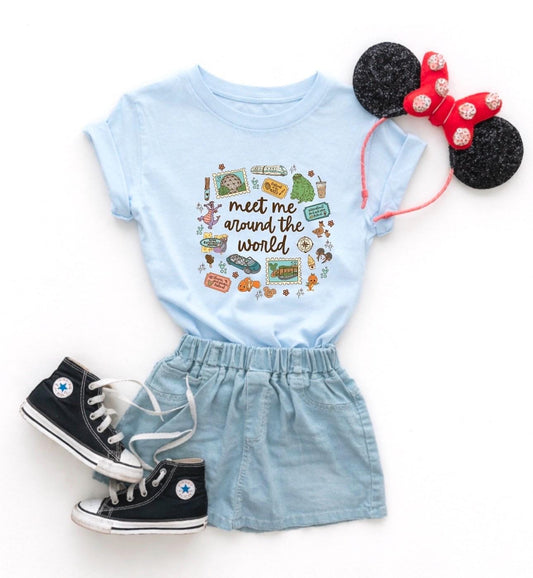 Kids Meet Me Around the World Youth Tee | Travel Icons, Suitcase, Passport, Globe