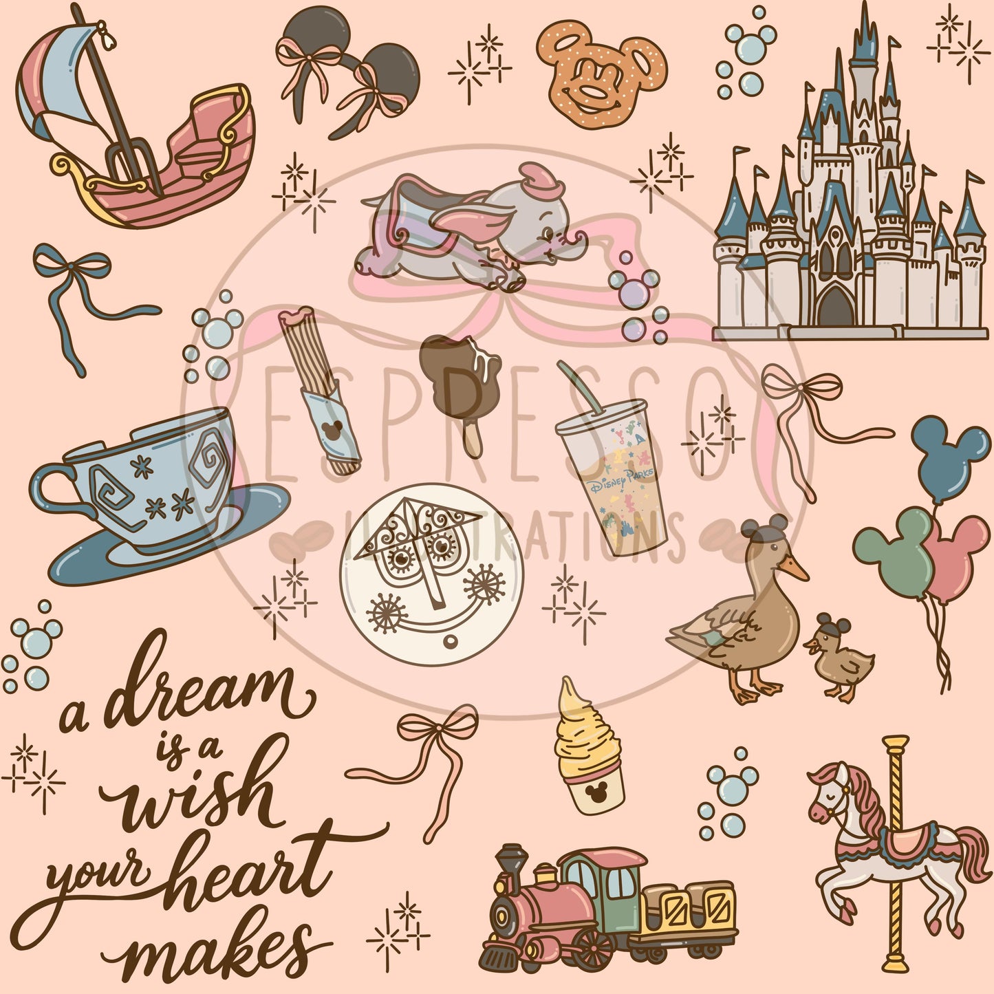 Magic Kingdom Seamless Pattern, Disney Parks, Hub Grass, Disney Snacks Seamless Pattern.