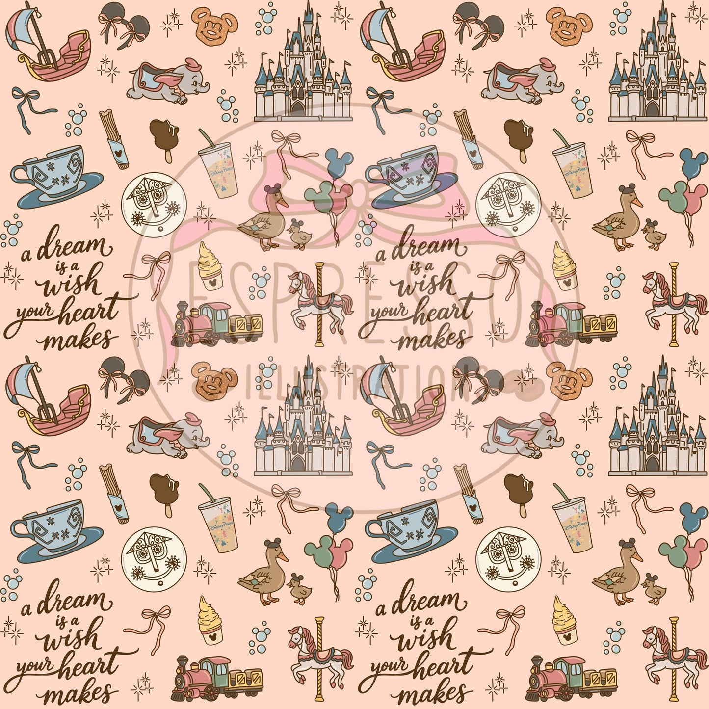 Magic Kingdom Seamless Pattern, Disney Parks, Hub Grass, Disney Snacks Seamless Pattern.